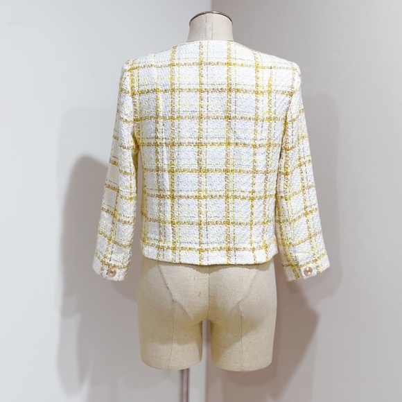 Cabi Coco Style #6256 Yellow Cream White Tweed Plaid Crop Blazer Jacket Size S - Picture 4 of 14